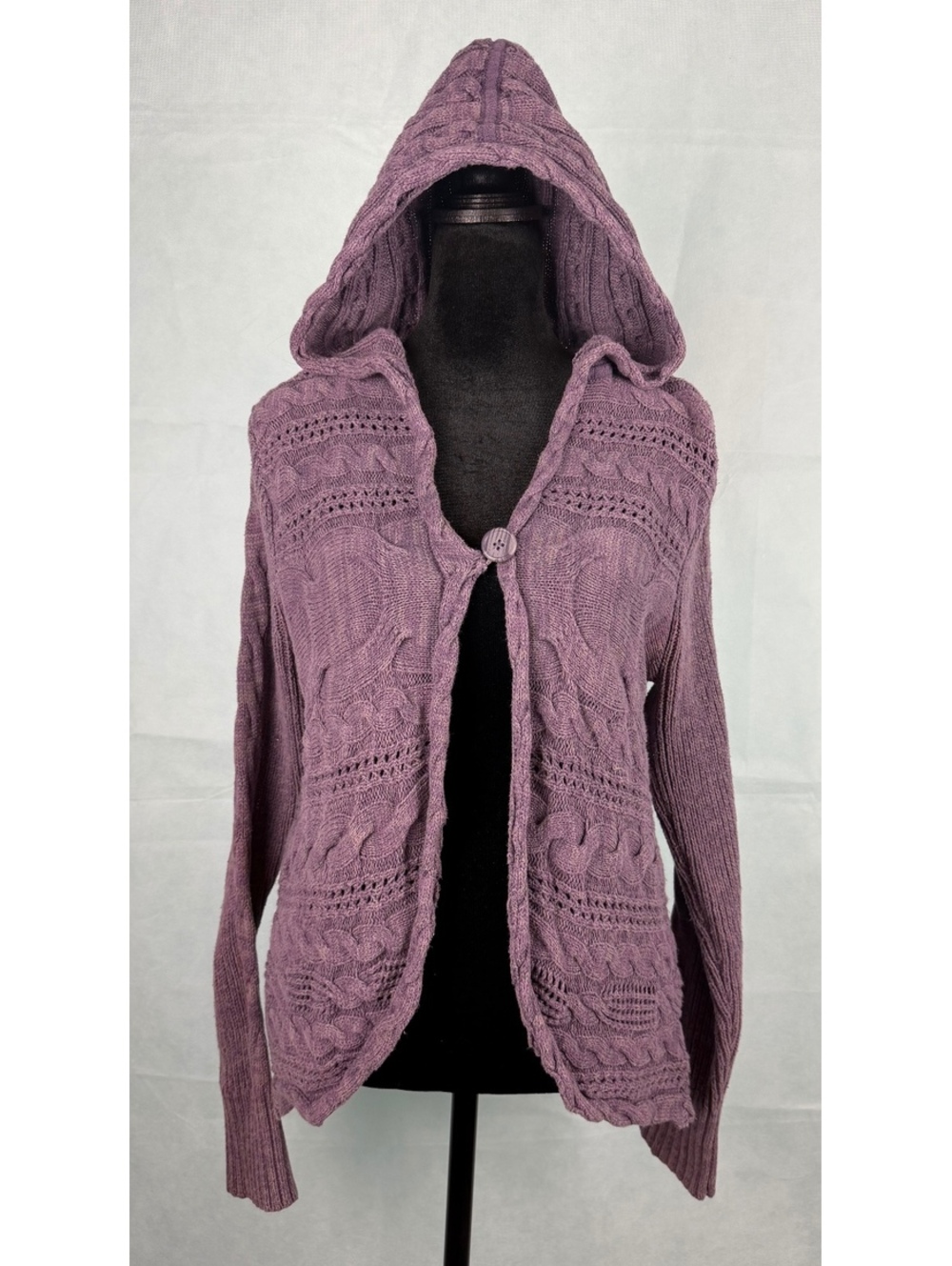 Purple Cable Knit Hooded Cardigan Boho Fairy Grunge S